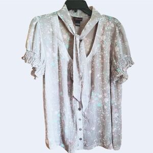 Torrid Plus 1 1X Grey Floral Tie Neck Blouse Top Shirt Career Work